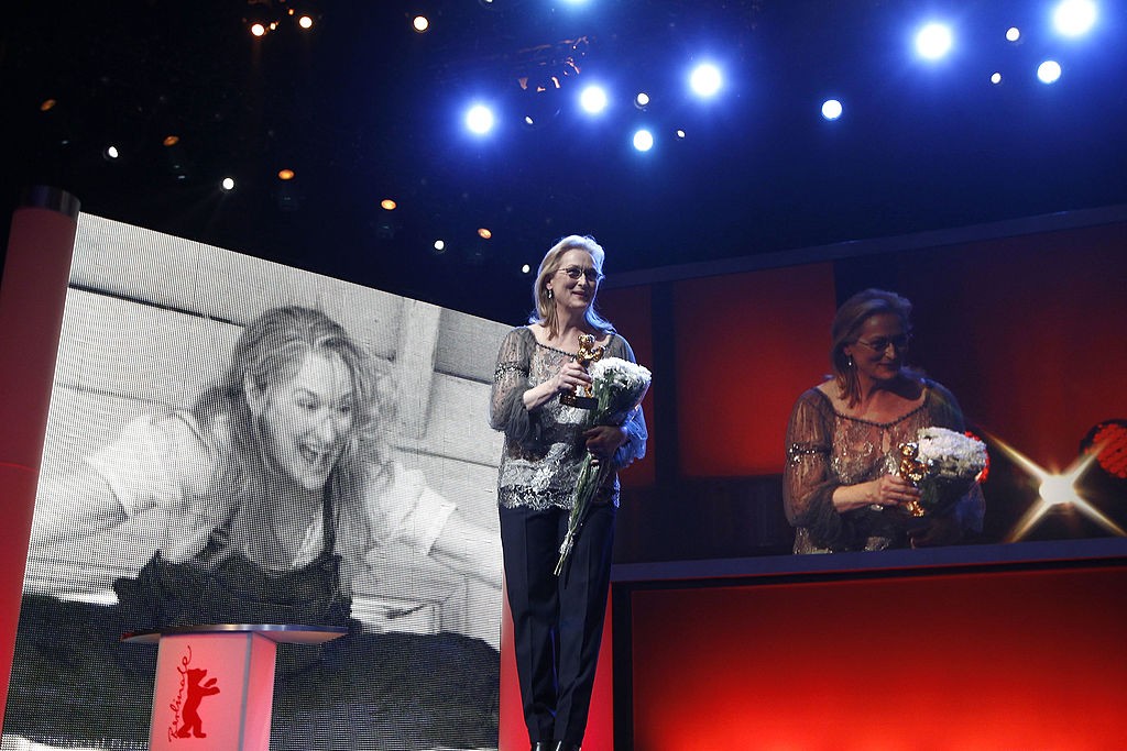 BERLIN, GERMANY - FEBRUARY 14: Actress Meryl Streep receives the Golden Honorary Bear award for Lifetime Achievement on stage prior to "The Iron Lady" screening at the 62nd Berlin International Film Festival at the Berlinale Palace on February 14, 2012 in Berlin, Germany. (Photo by Andreas Rentz/Getty Images)