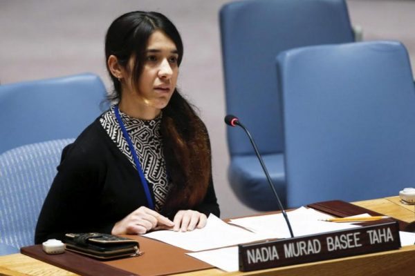 Nadia Murad Basee, a 21-year-old Iraqi woman of the Yazidi faith, speaks to members of the Security Council during a meeting at the United Nations headquarters in New York, December 16, 2015. REUTERS/Eduardo Munoz
