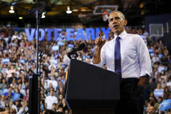 U.S. President Barack Obama delivers remarks at a Hillary for America campaign event at Florida International University in Miami, Florida, U.S. November 3, 2016. REUTERS/Jonathan Ernst