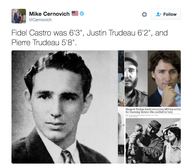 Κι άλλη απόδειξη: ο Φιντέλ είχε ύψος 1.90, ο Τζάστιν 1.88 και ο Πιερ ήταν 1.72. Κάτω δεξιά η κυρία δίπλα στον Κάστρο που κρατά τον μικρό αδελφό του Τζάστιν είναι η μητέρα του σημερινού πρωθυπουργού του Καναδά, Μάργκαρετ