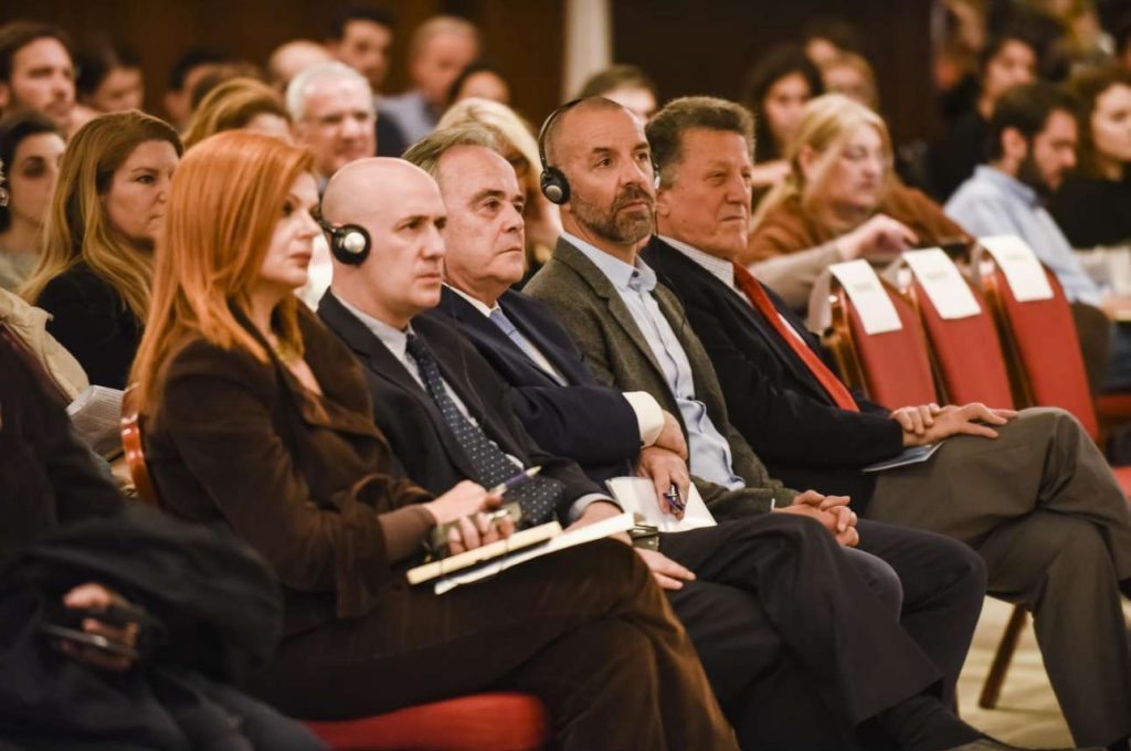 Στην πρώτη σειρά της εκδήλωσης. Από αριστερά: Μαρία Γιαννακάκη, Jose Romano (European Investment Fund /EIF), Στέλιος Ζαββός, Laurent Chapuis (Επικεφαλής της UNICEF)