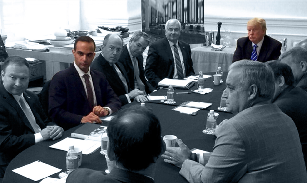 George Papadopoulos (3rd L) appears in a photograph released on Donald Trump's social media accounts with a headline stating that the scene was of his campaign's national security meeting in Washington, D.C. U.S. on March 31, 2016 and published April 1, 2016. Social Media/Handout via REUTERS THIS IMAGE HAS BEEN SUPPLIED BY A THIRD PARTY. NO RESALES. NO ARCHIVES