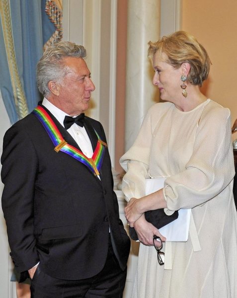 epa03493813 US actor Dustin Hoffman (L), one of the seven recipients of the 2012 Kennedy Center Honors, shares some thoughts with US actress Meryl Streep, one of the 2011 recipients as he waits to pose for a photo following a dinner hosted by United States Secretary of State Hillary Rodham Clinton at the U.S. Department of State in Washington, D.C., late 01 December 2012. The 2012 honorees are US blues musician Buddy Guy, US actor Dustin Hoffman, US late-night host David Letterman, Russian prima ballerina Natalia Makarova, and the British rock band Led Zeppelin (Robert Plant, Jimmy Page, and John Paul Jones). EPA/RON SACHS / POOL