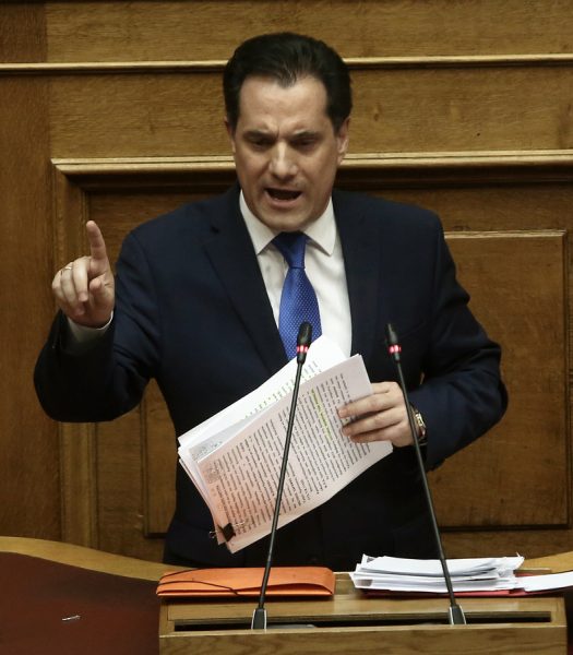 Ο αντιπρόεδρος της ΝΔ Άδωνις Γεωργιάδης μιλάει στη συζήτηση και ψηφοφορία επί της προτάσεως της κυβερνητικής πλειοψηφίας για τη συγκρότηση επιτροπής προκαταρκτικής εξέτασης για την υπόθεση NOVARTIS, στην Ολομέλεια της Βουλής, Τετάρτη 21 Φεβρουαρίου 2018.