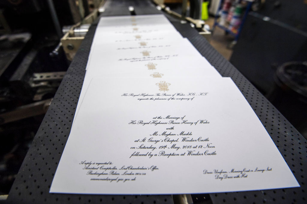 LONDON, ENGLAND - MARCH 22: Invitations are printed at the workshop of Barnard and Westwood for Prince Harry and Meghan Markle's wedding on March 22, 2018 in London, England. The couple will marry in St. George's Chapel at Windsor Castle on May 19. (Photo by Victoria Jones - WPA Pool/Getty Images)