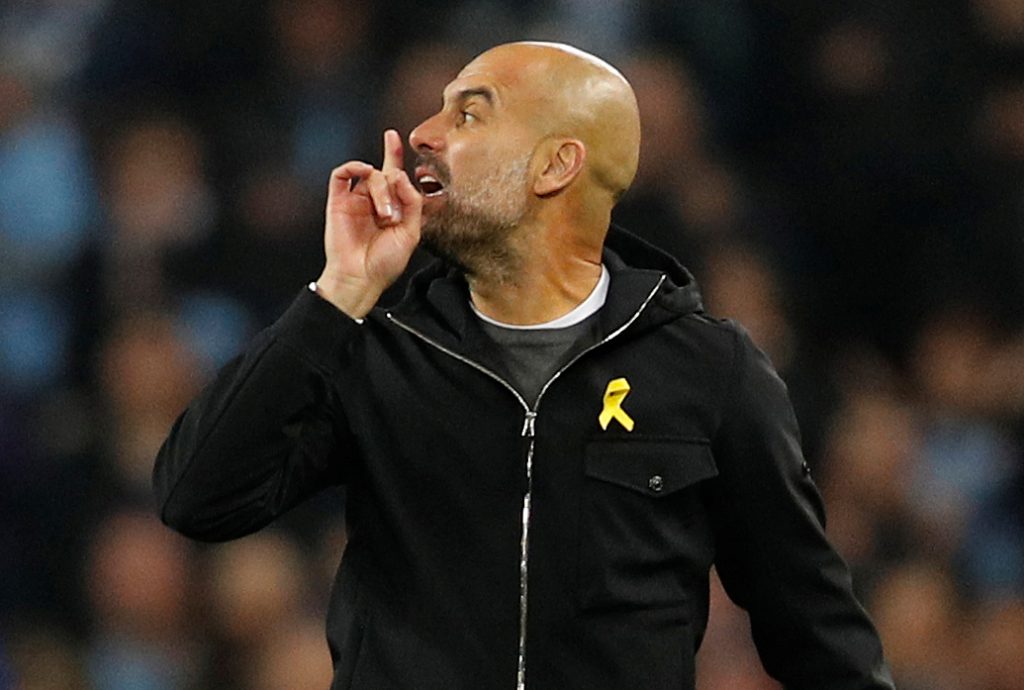 Soccer Football - Champions League Quarter Final Second Leg - Manchester City vs Liverpool - Etihad Stadium, Manchester, Britain - April 10, 2018 Manchester City manager Pep Guardiola gestures to referee Antonio Miguel Mateu Lahoz at half time REUTERS/Darren Staples