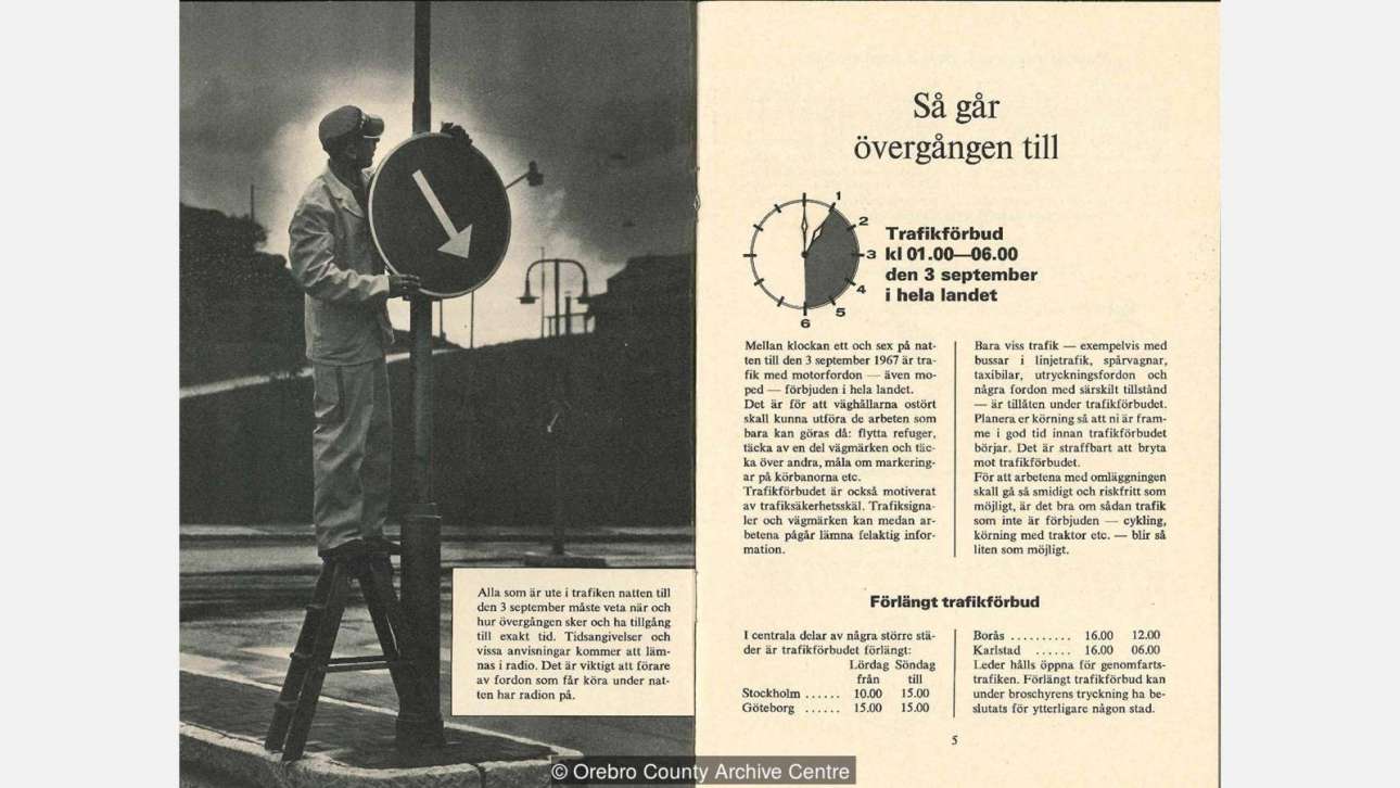 Δημοσίευμα της εποχής, όπου στη φωτογραφία του φαίνεται ένας εργάτης να αλλάζει φορά στο (μπλε) βέλος της κατεύθυνσης (Orebro Country)